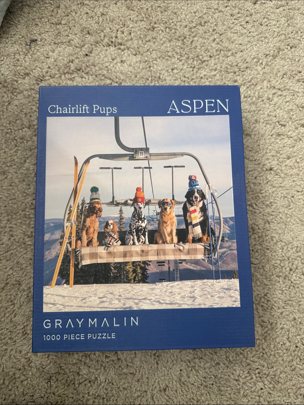 Gray Malin Chairlift Pups Puzzle - Blue Box with Multicolor Artwork